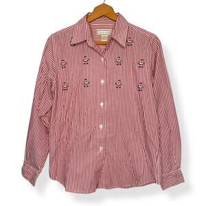 Vintage 90s women's red white striped embroidered Santa long sleeve shirt US 8